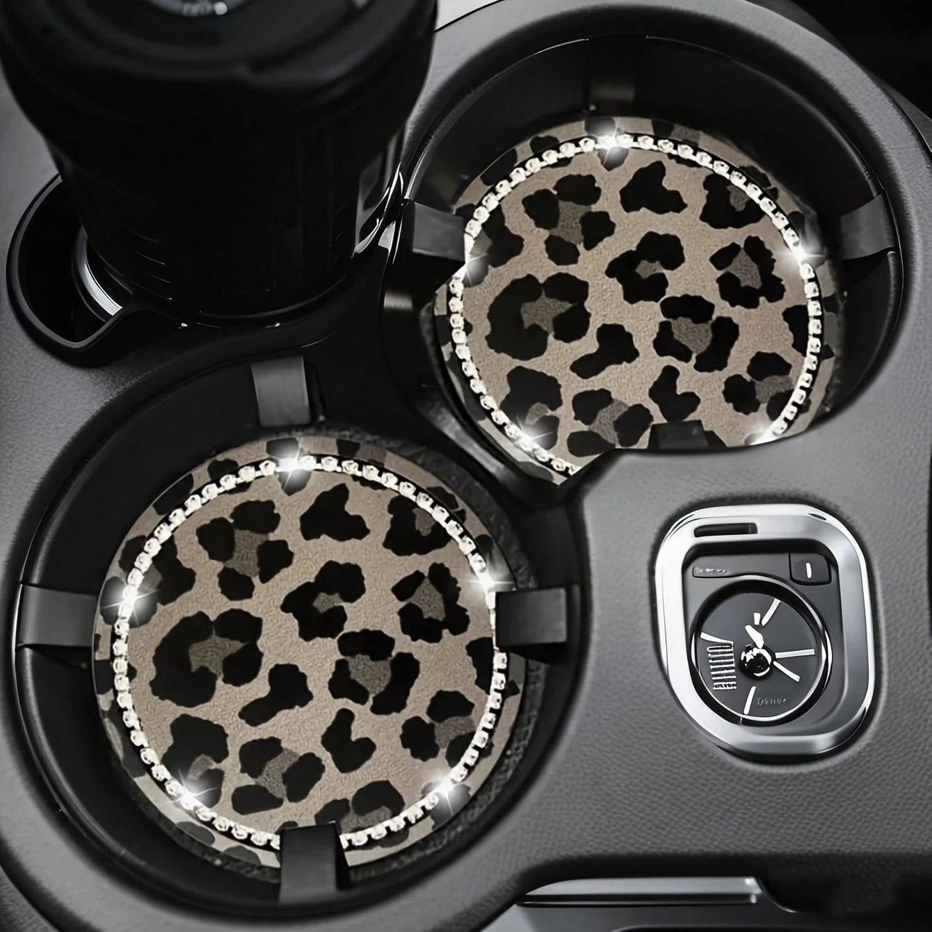 2pcs Leopard Print Rhinestone Decorated Car Cup Holders, Car Interior Decor