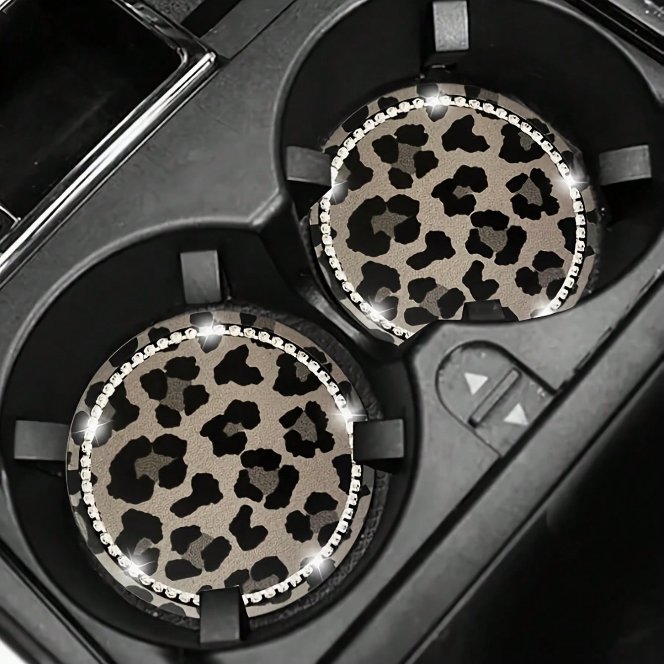 2pcs Leopard Print Rhinestone Decorated Car Cup Holders, Car Interior Decor