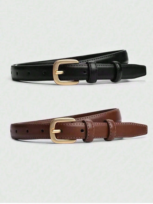 2pcs Needle Buckle Decoration Jeans & Skirt Minimalist Thin Fashion Belt, Women Casual Vintage PU Leather Belt, All Season Summer, School Autumn, Halloween