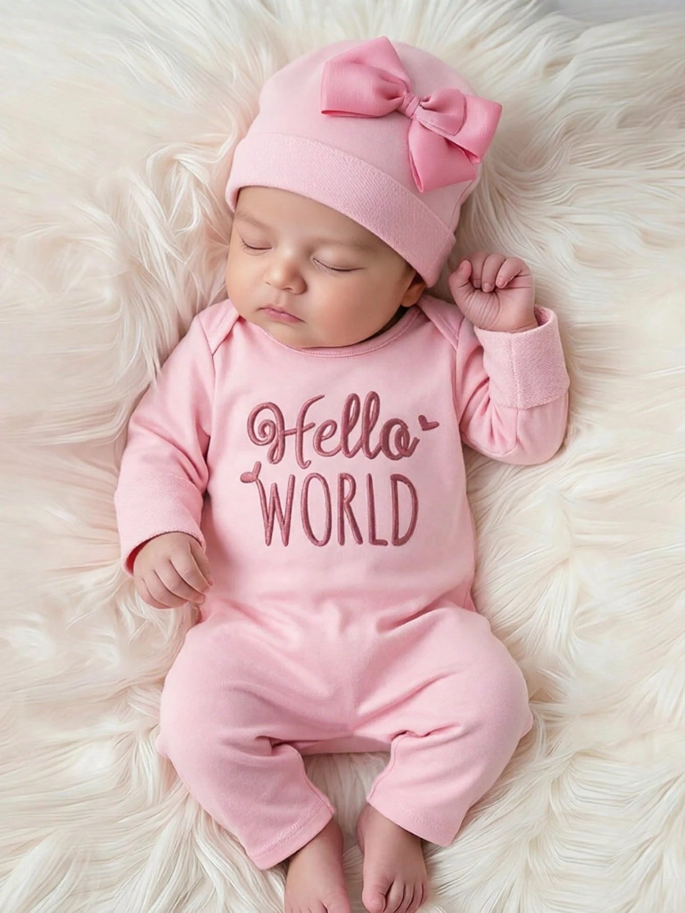 2pcs Newborn Baby Girl Outfit Pink Autumn Funny Graphic Embroidered Letter Jumpsuit With Bow Headband Cute Princess Style Photo Shoot 0-3 Months