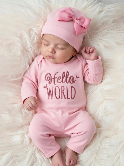 2pcs Newborn Baby Girl Outfit Pink Autumn Funny Graphic Embroidered Letter Jumpsuit With Bow Headband Cute Princess Style Photo Shoot 0-3 Months