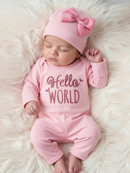 2pcs Newborn Baby Girl Outfit Pink Autumn Funny Graphic Embroidered Letter Jumpsuit With Bow Headband Cute Princess Style Photo Shoot 0-3 Months