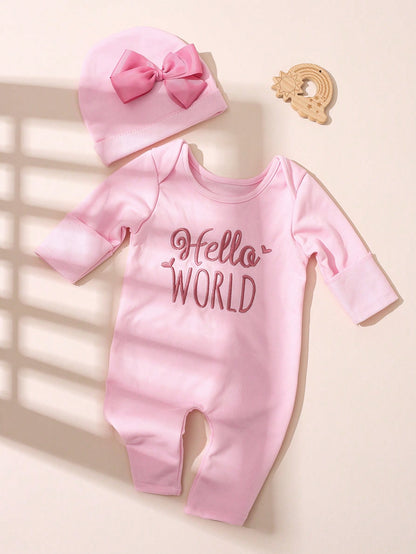 2pcs Newborn Baby Girl Outfit Pink Autumn Funny Graphic Embroidered Letter Jumpsuit With Bow Headband Cute Princess Style Photo Shoot 0-3 Months
