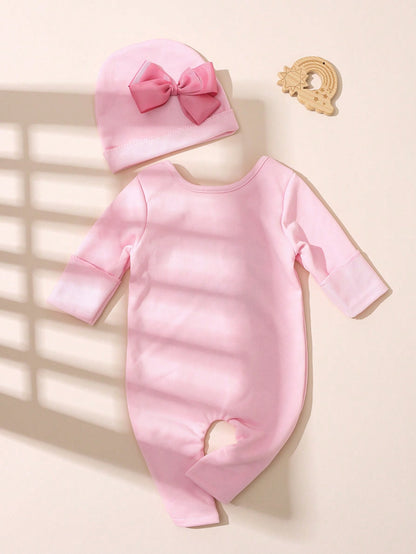 2pcs Newborn Baby Girl Outfit Pink Autumn Funny Graphic Embroidered Letter Jumpsuit With Bow Headband Cute Princess Style Photo Shoot 0-3 Months