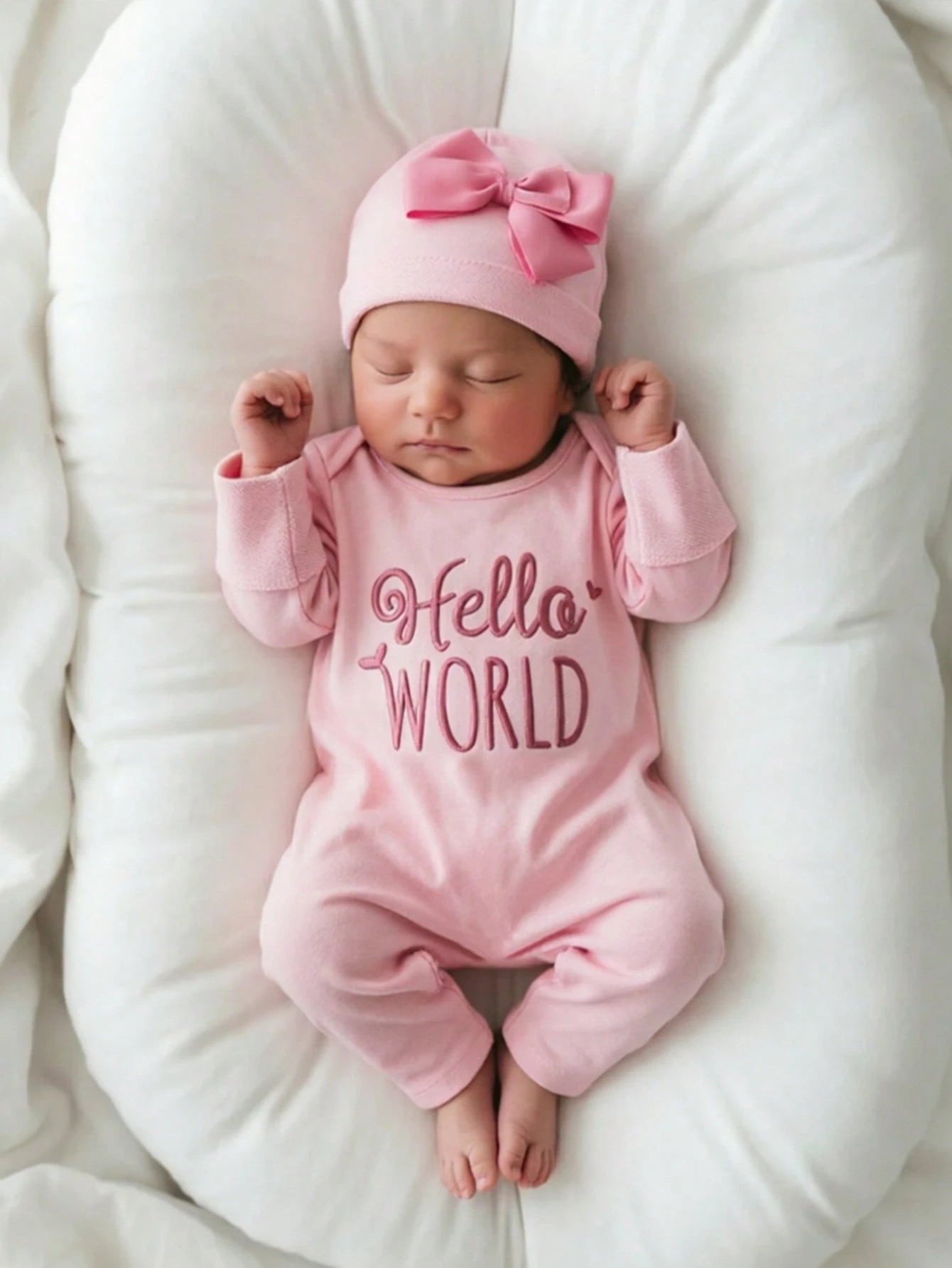 2pcs Newborn Baby Girl Outfit Pink Autumn Funny Graphic Embroidered Letter Jumpsuit With Bow Headband Cute Princess Style Photo Shoot 0-3 Months