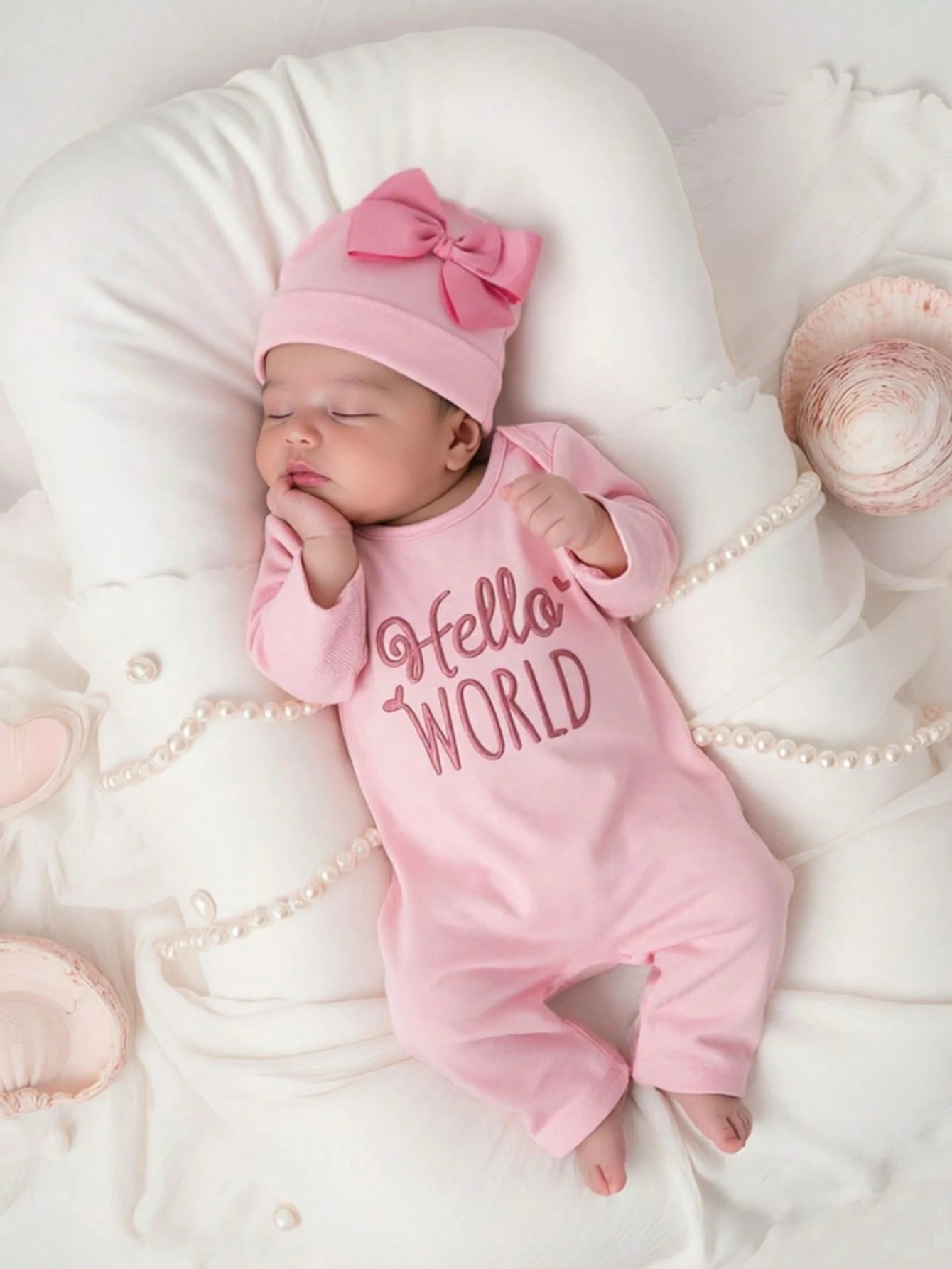 2pcs Newborn Baby Girl Outfit Pink Autumn Funny Graphic Embroidered Letter Jumpsuit With Bow Headband Cute Princess Style Photo Shoot 0-3 Months
