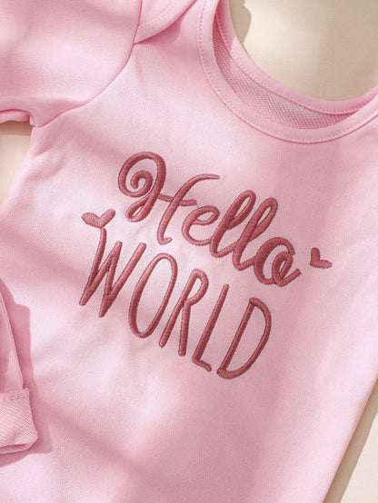 2pcs Newborn Baby Girl Outfit Pink Autumn Funny Graphic Embroidered Letter Jumpsuit With Bow Headband Cute Princess Style Photo Shoot 0-3 Months