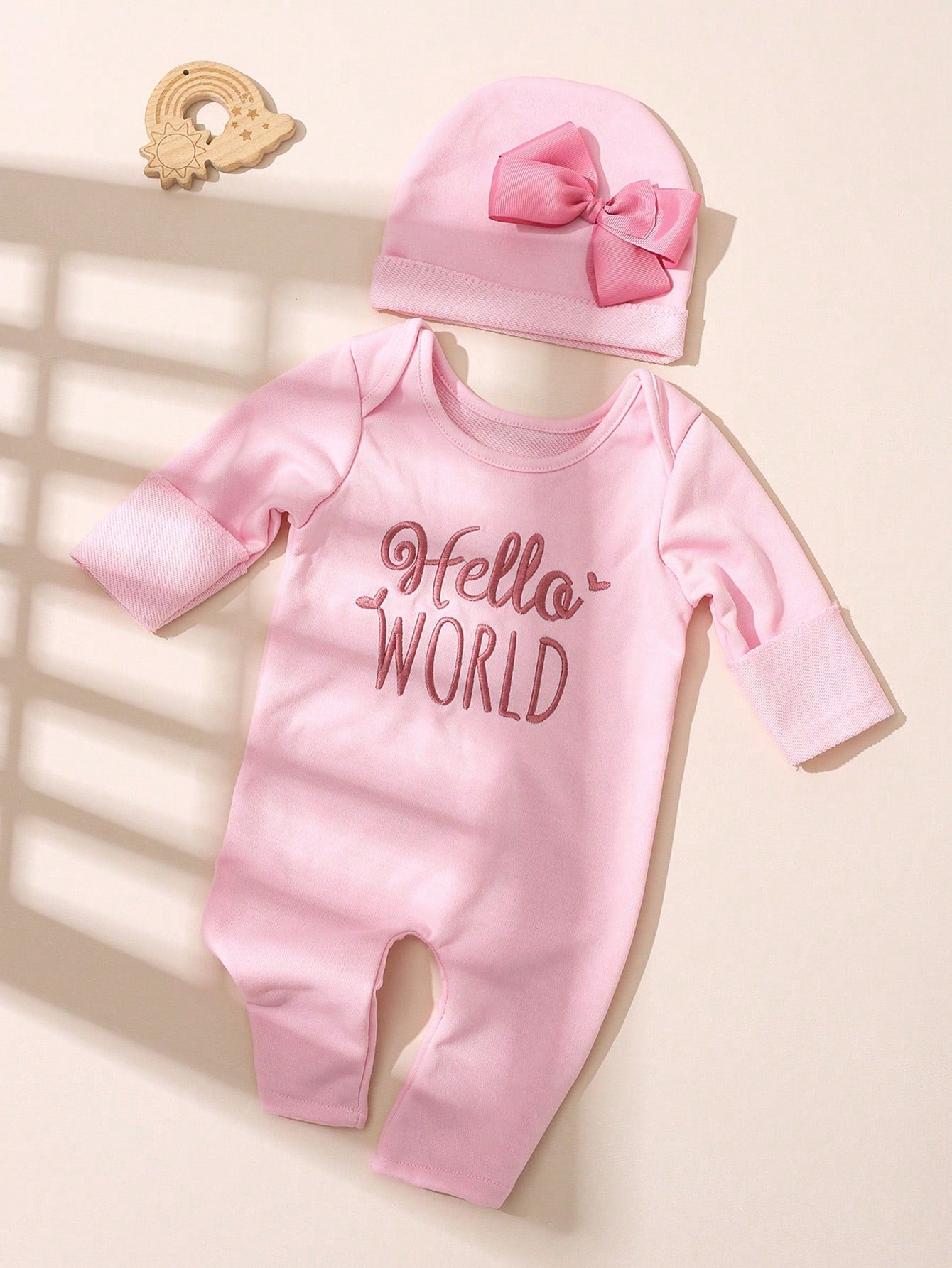 2pcs Newborn Baby Girl Outfit Pink Autumn Funny Graphic Embroidered Letter Jumpsuit With Bow Headband Cute Princess Style Photo Shoot 0-3 Months