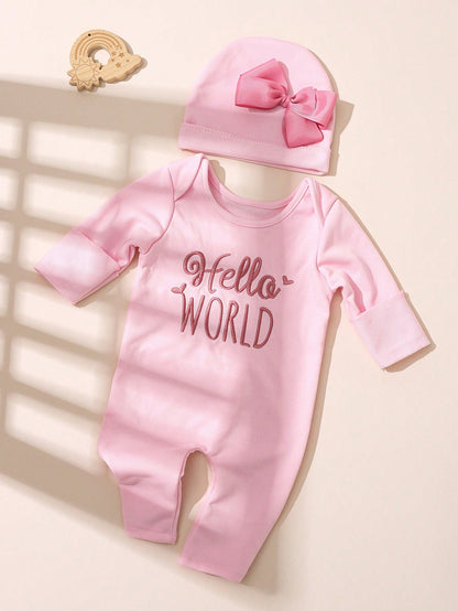 2pcs Newborn Baby Girl Outfit Pink Autumn Funny Graphic Embroidered Letter Jumpsuit With Bow Headband Cute Princess Style Photo Shoot 0-3 Months