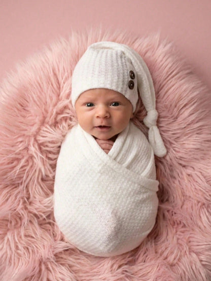 2pcs Newborn Photography Props Set: Knitted Swaddle Wrap And Hat, Baby Photo Studio Background Accessories, Suitable For Boys And Girls
