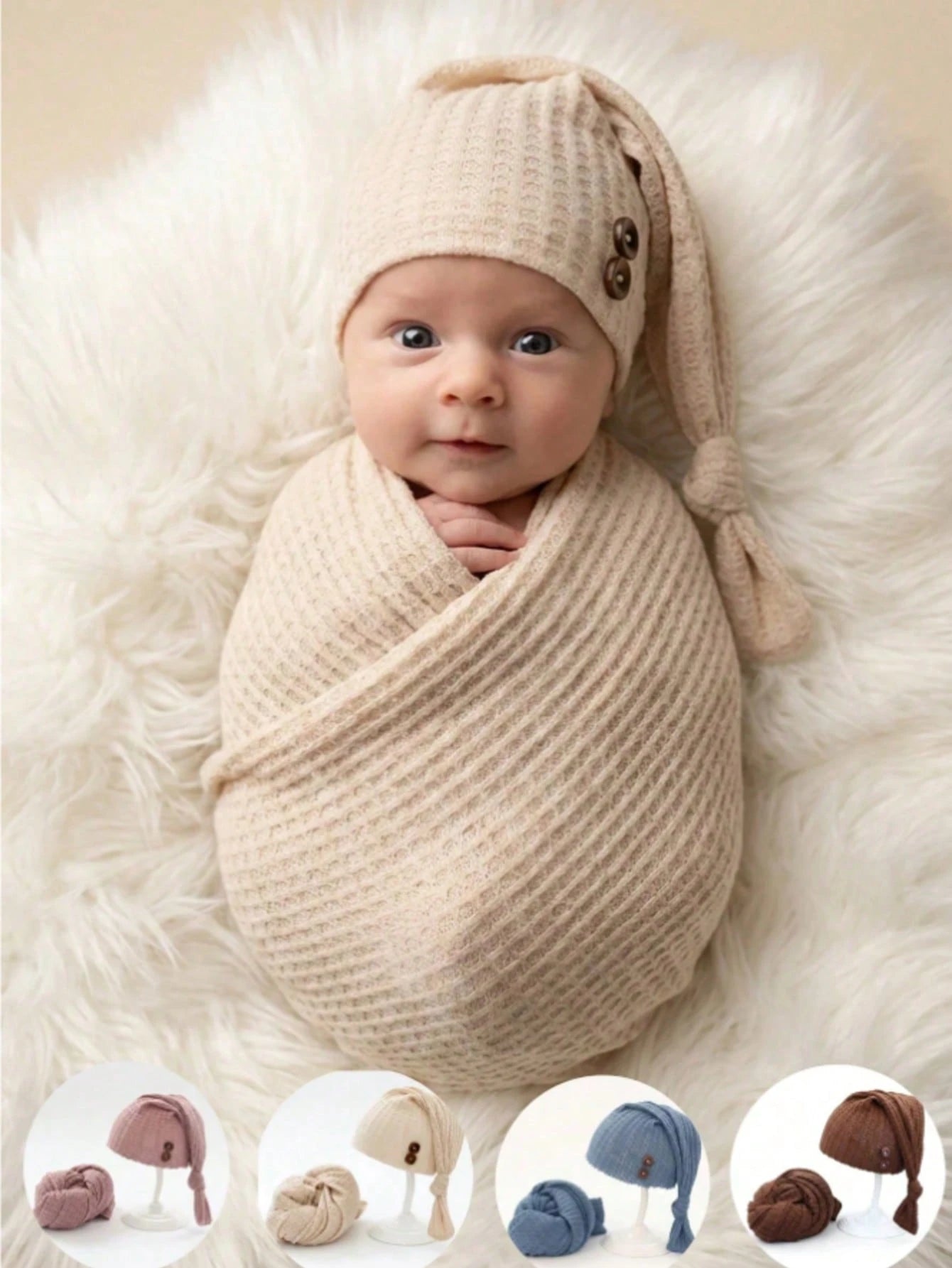 2pcs Newborn Photography Props Set: Knitted Swaddle Wrap And Hat, Baby Photo Studio Background Accessories, Suitable For Boys And Girls