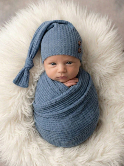 2pcs Newborn Photography Props Set: Knitted Swaddle Wrap And Hat, Baby Photo Studio Background Accessories, Suitable For Boys And Girls