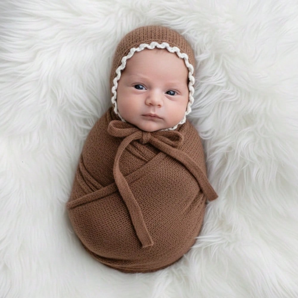 2pcs Newborn Photography Wrap Set With Lace Hat – Soft Stretchy Baby Photo Props For Infant Girls And Boys Baby Shower Party Gift Newborn Essentials