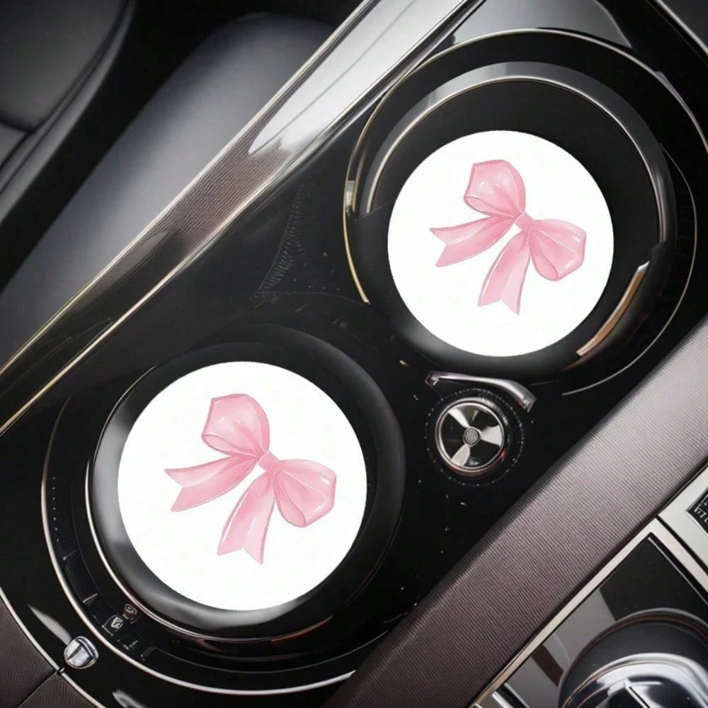 2pcs Non-Slip Pink Bow Pattern Vehicle-Mounted Cup Holder, Universal Cup Holder, Water Absorption Coasters, Car Interior Design Accessories, Printing Position May Vary