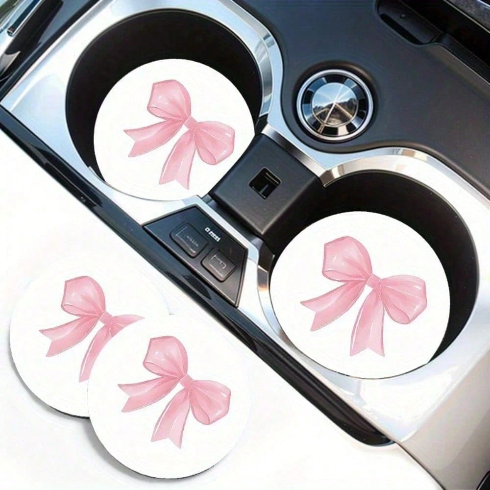 2pcs Non-Slip Pink Bow Pattern Vehicle-Mounted Cup Holder, Universal Cup Holder, Water Absorption Coasters, Car Interior Design Accessories, Printing Position May Vary