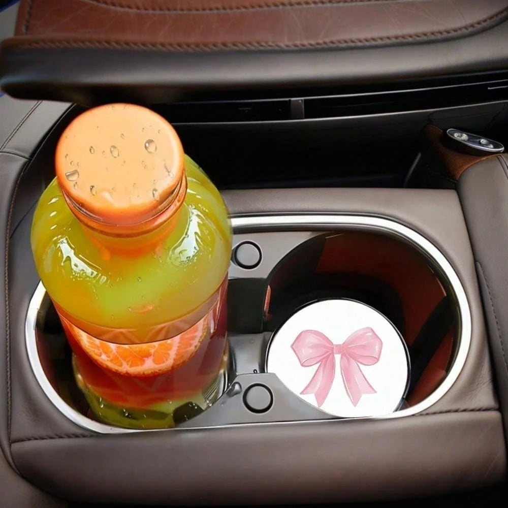 2pcs Non-Slip Pink Bow Pattern Vehicle-Mounted Cup Holder, Universal Cup Holder, Water Absorption Coasters, Car Interior Design Accessories, Printing Position May Vary