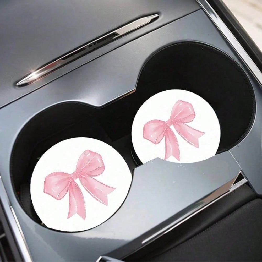 2pcs Non-Slip Pink Bow Pattern Vehicle-Mounted Cup Holder, Universal Cup Holder, Water Absorption Coasters, Car Interior Design Accessories, Printing Position May Vary