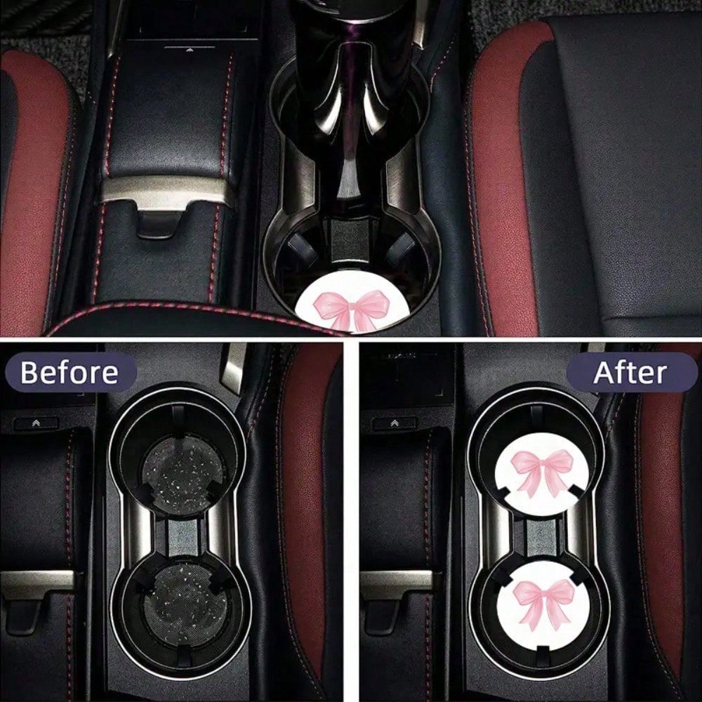 2pcs Non-Slip Pink Bow Pattern Vehicle-Mounted Cup Holder, Universal Cup Holder, Water Absorption Coasters, Car Interior Design Accessories, Printing Position May Vary