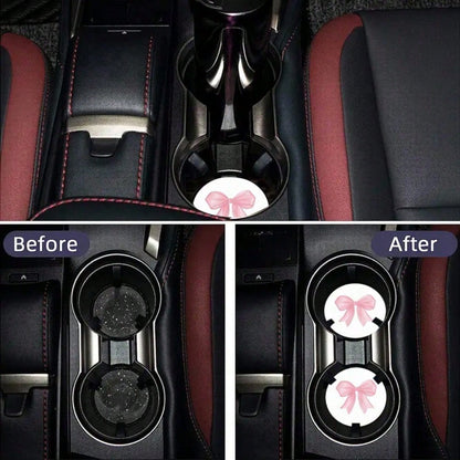 2pcs Non-Slip Pink Bow Pattern Vehicle-Mounted Cup Holder, Universal Cup Holder, Water Absorption Coasters, Car Interior Design Accessories, Printing Position May Vary