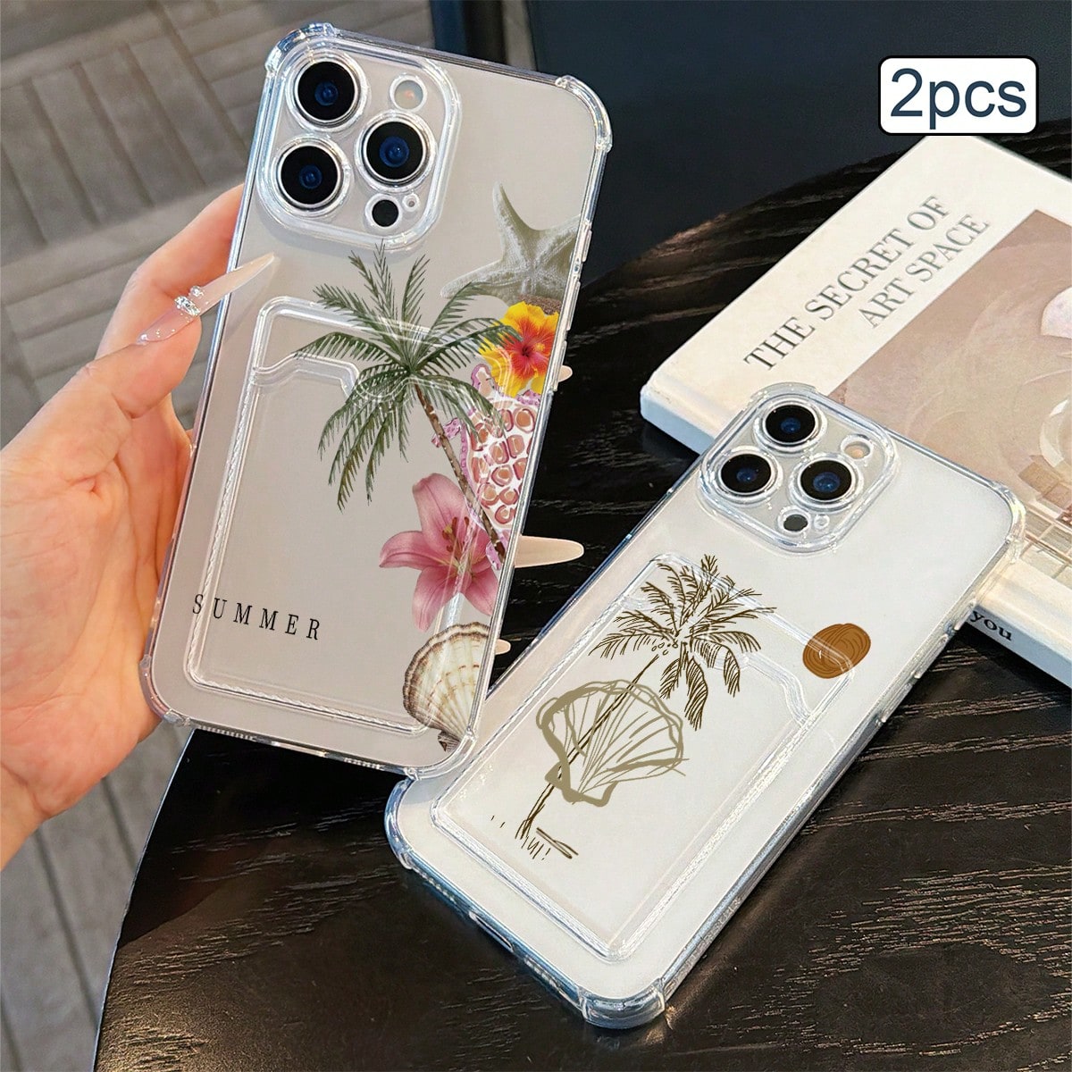 2pcs Ocean Print Card Holder Phone Case TPU Shockproof Full Coverage Protective Cover Compatible With Apple 11/12/13/14/15/16/17 Pro Max