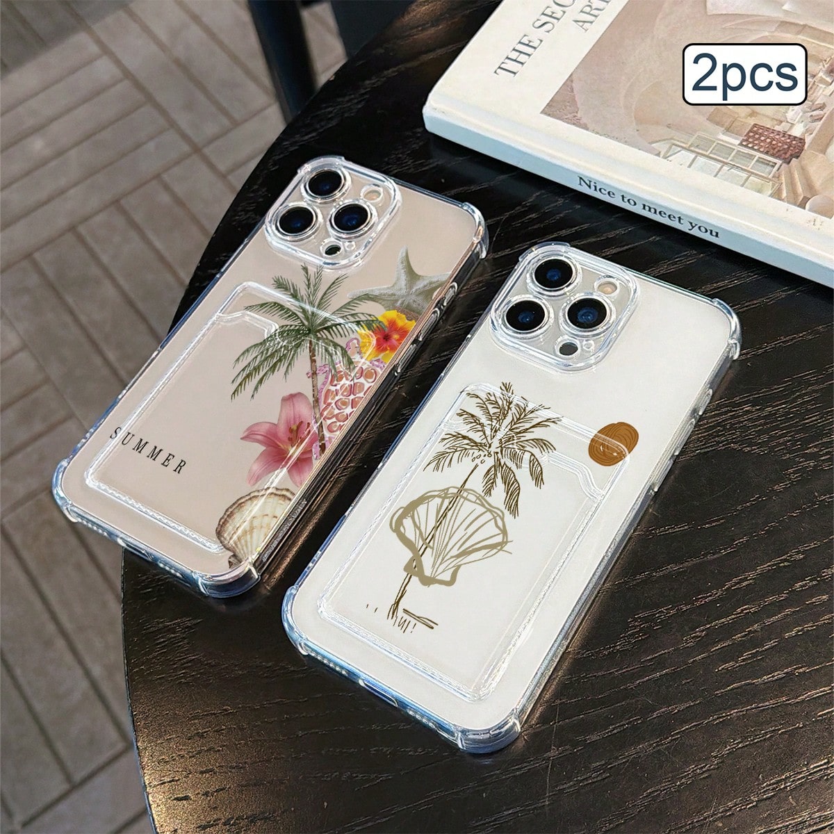 2pcs Ocean Print Card Holder Phone Case TPU Shockproof Full Coverage Protective Cover Compatible With Apple 11/12/13/14/15/16/17 Pro Max
