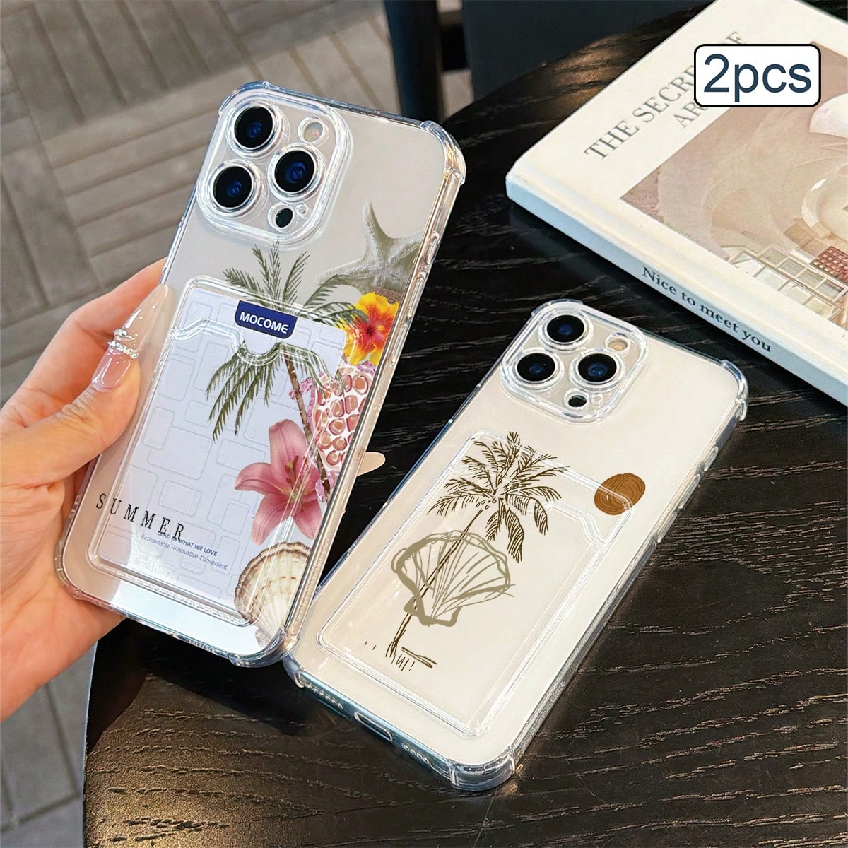 2pcs Ocean Print Card Holder Phone Case TPU Shockproof Full Coverage Protective Cover Compatible With Apple 11/12/13/14/15/16/17 Pro Max