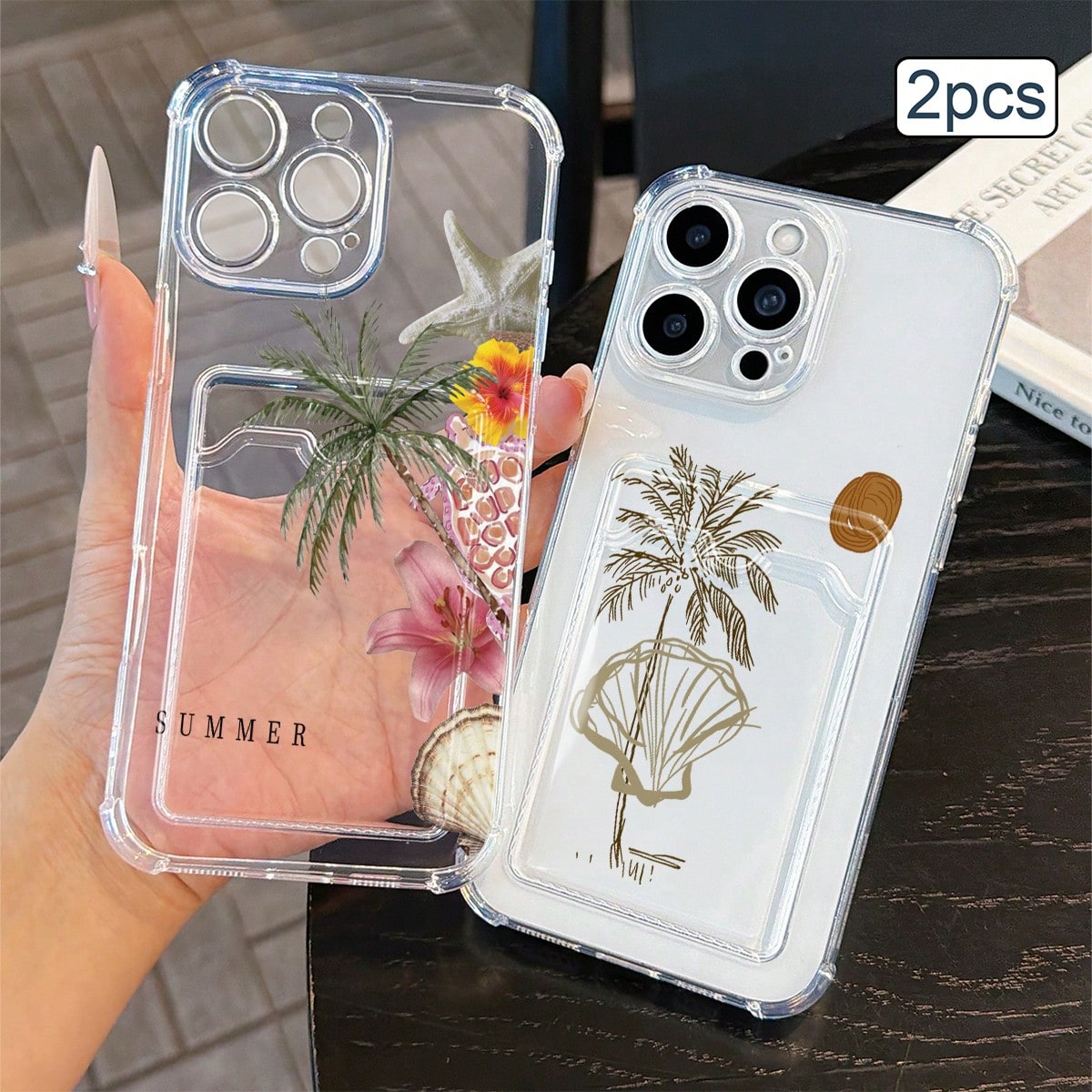 2pcs Ocean Print Card Holder Phone Case TPU Shockproof Full Coverage Protective Cover Compatible With Apple 11/12/13/14/15/16/17 Pro Max