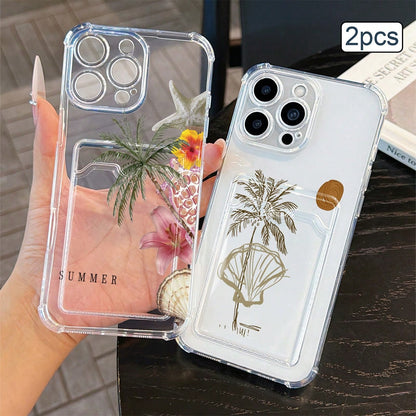 2pcs Ocean Print Card Holder Phone Case TPU Shockproof Full Coverage Protective Cover Compatible With Apple 11/12/13/14/15/16/17 Pro Max