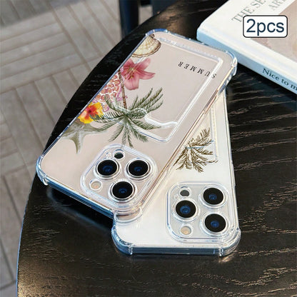 2pcs Ocean Print Card Holder Phone Case TPU Shockproof Full Coverage Protective Cover Compatible With Apple 11/12/13/14/15/16/17 Pro Max
