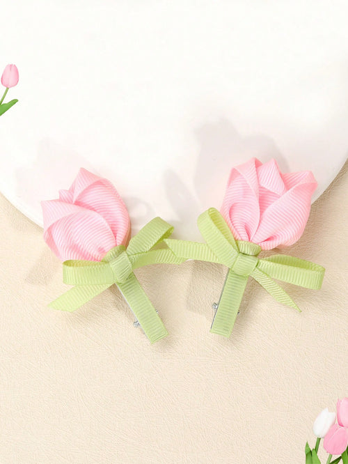 2pcs Pink Flower Hair Clips, Elegant Tulip Flower Alligator Clips, Cute Flower Hair Pins, Satin Ribbon Hair Clips, Girls Daily Hair Accessories, Kids Baby Hair Decorations, Valentine's Heart Hair Clip