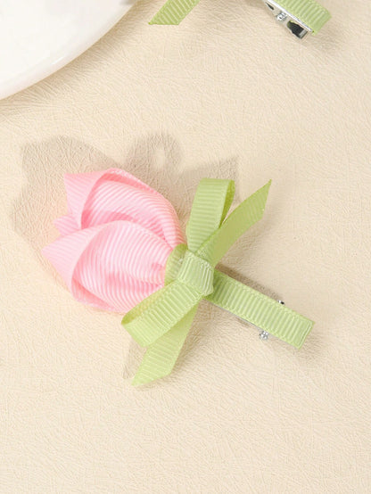 2pcs Pink Flower Hair Clips, Elegant Tulip Flower Alligator Clips, Cute Flower Hair Pins, Satin Ribbon Hair Clips, Girls Daily Hair Accessories, Kids Baby Hair Decorations, Valentine's Heart Hair Clip