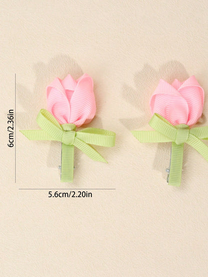 2pcs Pink Flower Hair Clips, Elegant Tulip Flower Alligator Clips, Cute Flower Hair Pins, Satin Ribbon Hair Clips, Girls Daily Hair Accessories, Kids Baby Hair Decorations, Valentine's Heart Hair Clip