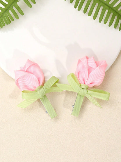 2pcs Pink Flower Hair Clips, Elegant Tulip Flower Alligator Clips, Cute Flower Hair Pins, Satin Ribbon Hair Clips, Girls Daily Hair Accessories, Kids Baby Hair Decorations, Valentine's Heart Hair Clip