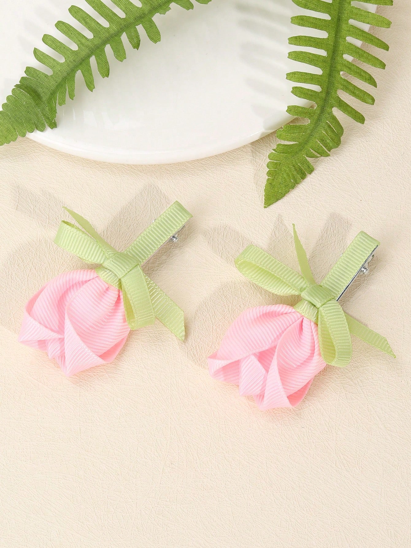 2pcs Pink Flower Hair Clips, Elegant Tulip Flower Alligator Clips, Cute Flower Hair Pins, Satin Ribbon Hair Clips, Girls Daily Hair Accessories, Kids Baby Hair Decorations, Valentine's Heart Hair Clip