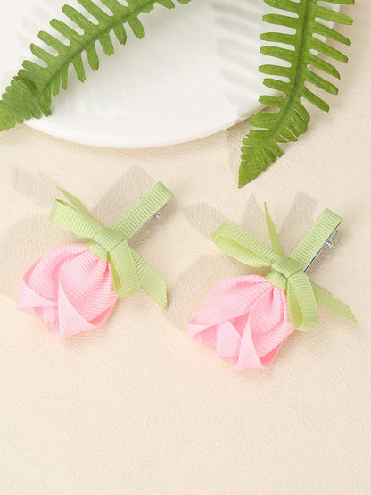 2pcs Pink Flower Hair Clips, Elegant Tulip Flower Alligator Clips, Cute Flower Hair Pins, Satin Ribbon Hair Clips, Girls Daily Hair Accessories, Kids Baby Hair Decorations, Valentine's Heart Hair Clip