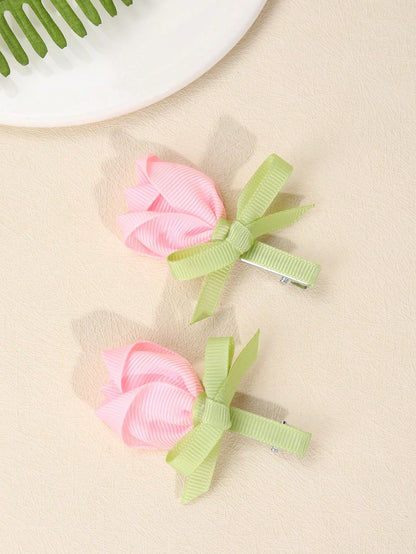 2pcs Pink Flower Hair Clips, Elegant Tulip Flower Alligator Clips, Cute Flower Hair Pins, Satin Ribbon Hair Clips, Girls Daily Hair Accessories, Kids Baby Hair Decorations, Valentine's Heart Hair Clip