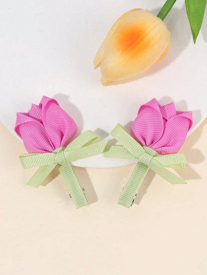 2pcs Pink Flower Hair Clips, Elegant Tulip Flower Alligator Clips, Cute Flower Hair Pins, Satin Ribbon Hair Clips, Girls Daily Hair Accessories, Kids Baby Hair Decorations, Valentine's Heart Hair Clip