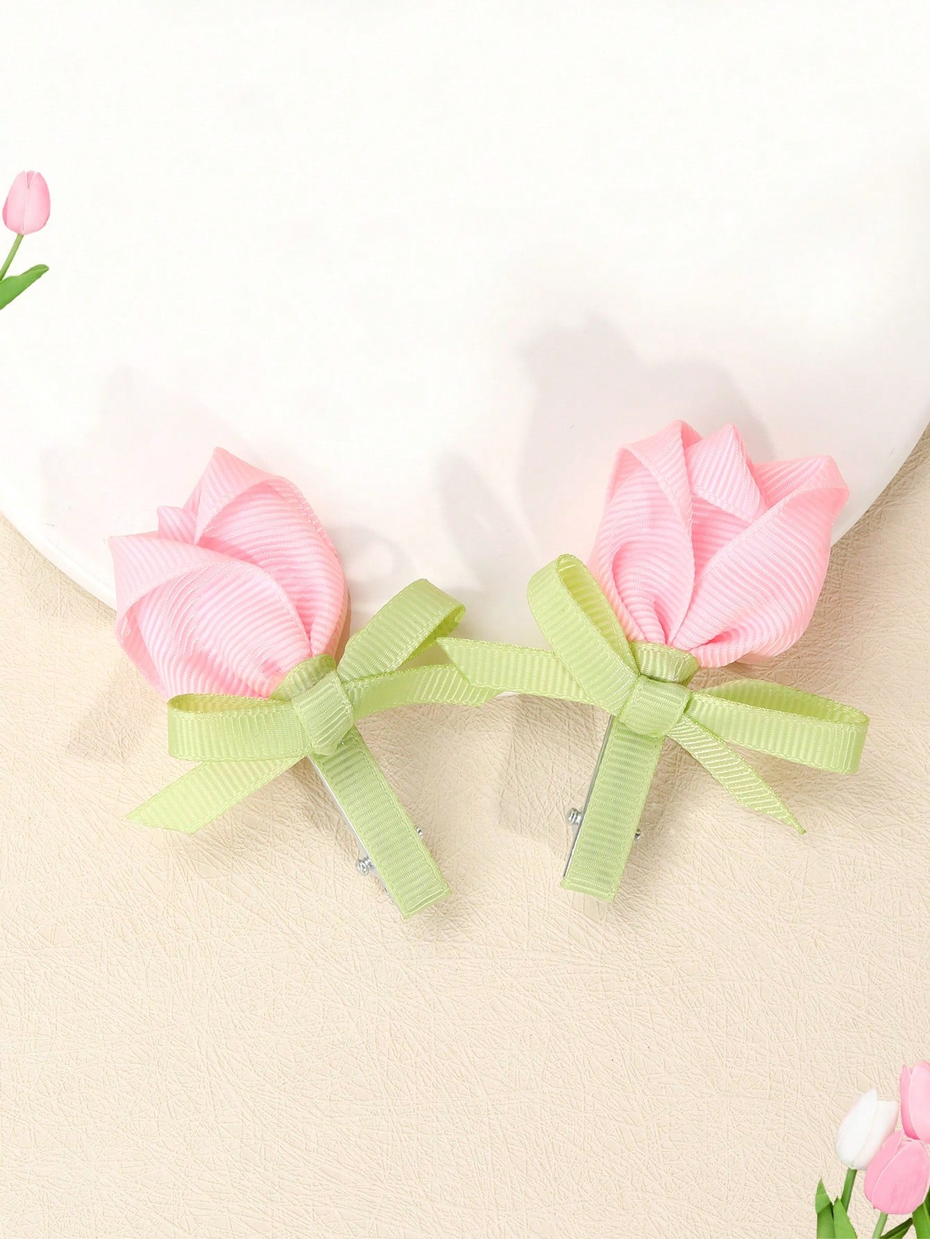 2pcs Pink Flower Hair Clips, Elegant Tulip Flower Alligator Clips, Cute Flower Hair Pins, Satin Ribbon Hair Clips, Girls Daily Hair Accessories, Kids Baby Hair Decorations, Valentine's Heart Hair Clip