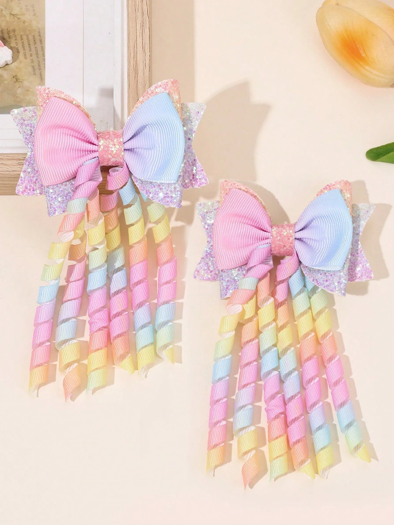 2pcs Rainbow Curly Hair Clips, Suitable For Baby Girls, Ombre Curly Bow Design, Alligator Clips, Delicate Elegant Hair Accessories, Toddler Girls Bow Hair Clips, Random Gradient Children Infant Hair D