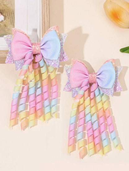2pcs Rainbow Curly Hair Clips, Suitable For Baby Girls, Ombre Curly Bow Design, Alligator Clips, Delicate Elegant Hair Accessories, Toddler Girls Bow Hair Clips, Random Gradient Children Infant Hair D