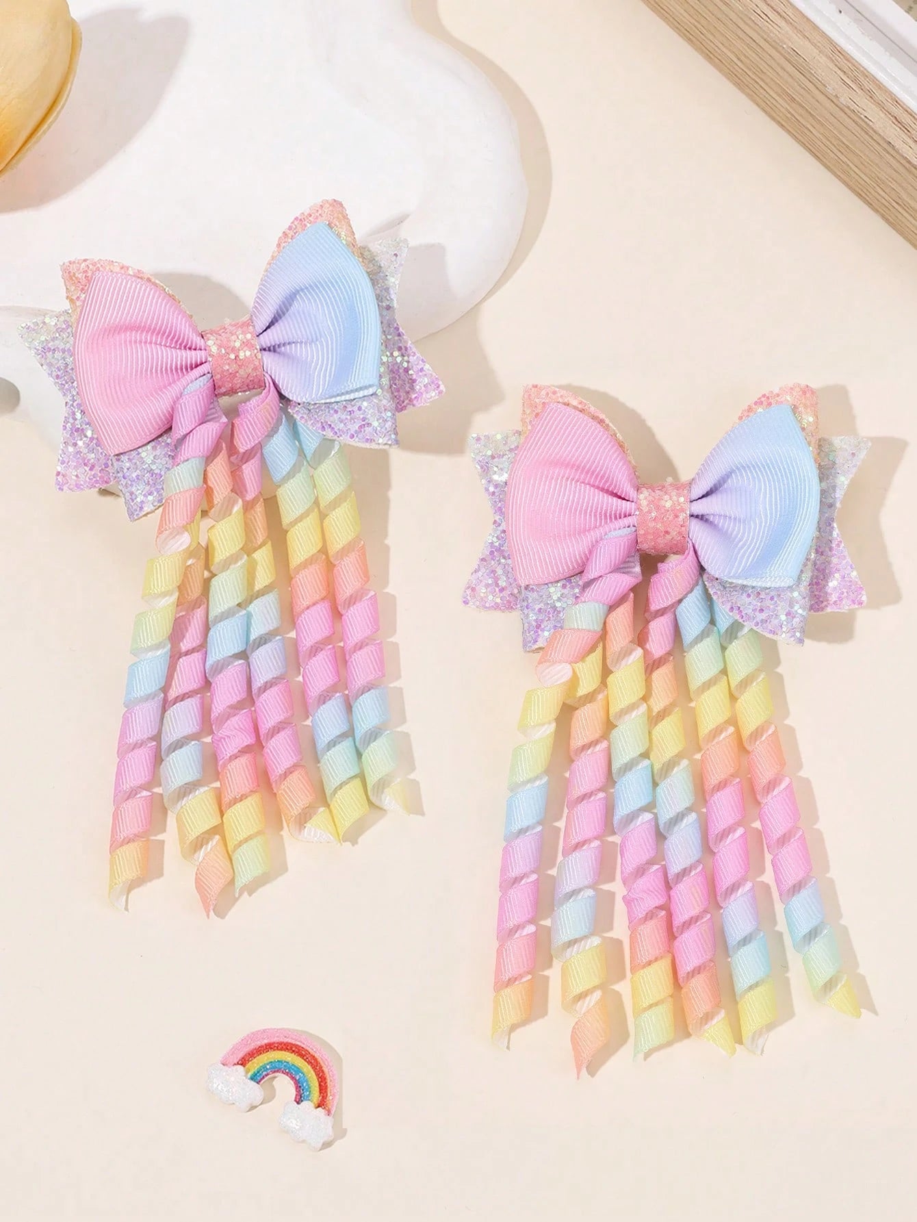 2pcs Rainbow Curly Hair Clips, Suitable For Baby Girls, Ombre Curly Bow Design, Alligator Clips, Delicate Elegant Hair Accessories, Toddler Girls Bow Hair Clips, Random Gradient Children Infant Hair D