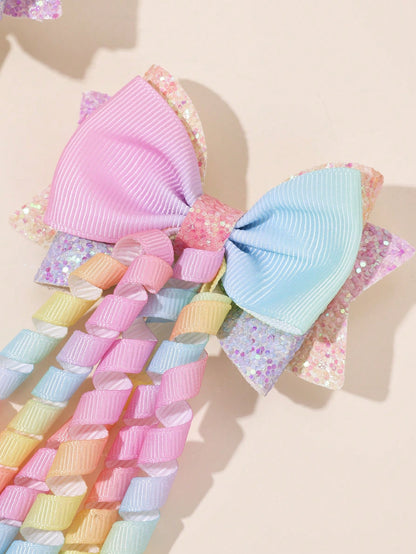 2pcs Rainbow Curly Hair Clips, Suitable For Baby Girls, Ombre Curly Bow Design, Alligator Clips, Delicate Elegant Hair Accessories, Toddler Girls Bow Hair Clips, Random Gradient Children Infant Hair D