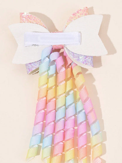 2pcs Rainbow Curly Hair Clips, Suitable For Baby Girls, Ombre Curly Bow Design, Alligator Clips, Delicate Elegant Hair Accessories, Toddler Girls Bow Hair Clips, Random Gradient Children Infant Hair D