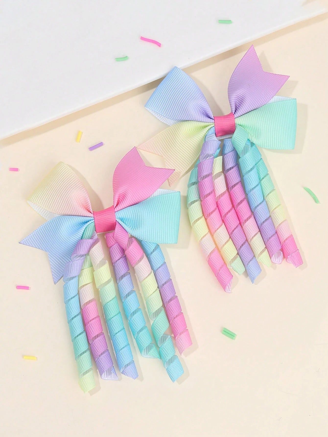2pcs Rainbow Curly Hair Clips, Suitable For Baby Girls, Ombre Curly Bow Design, Alligator Clips, Delicate Elegant Hair Accessories, Toddler Girls Bow Hair Clips, Random Gradient Children Infant Hair D