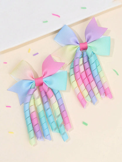 2pcs Rainbow Curly Hair Clips, Suitable For Baby Girls, Ombre Curly Bow Design, Alligator Clips, Delicate Elegant Hair Accessories, Toddler Girls Bow Hair Clips, Random Gradient Children Infant Hair D