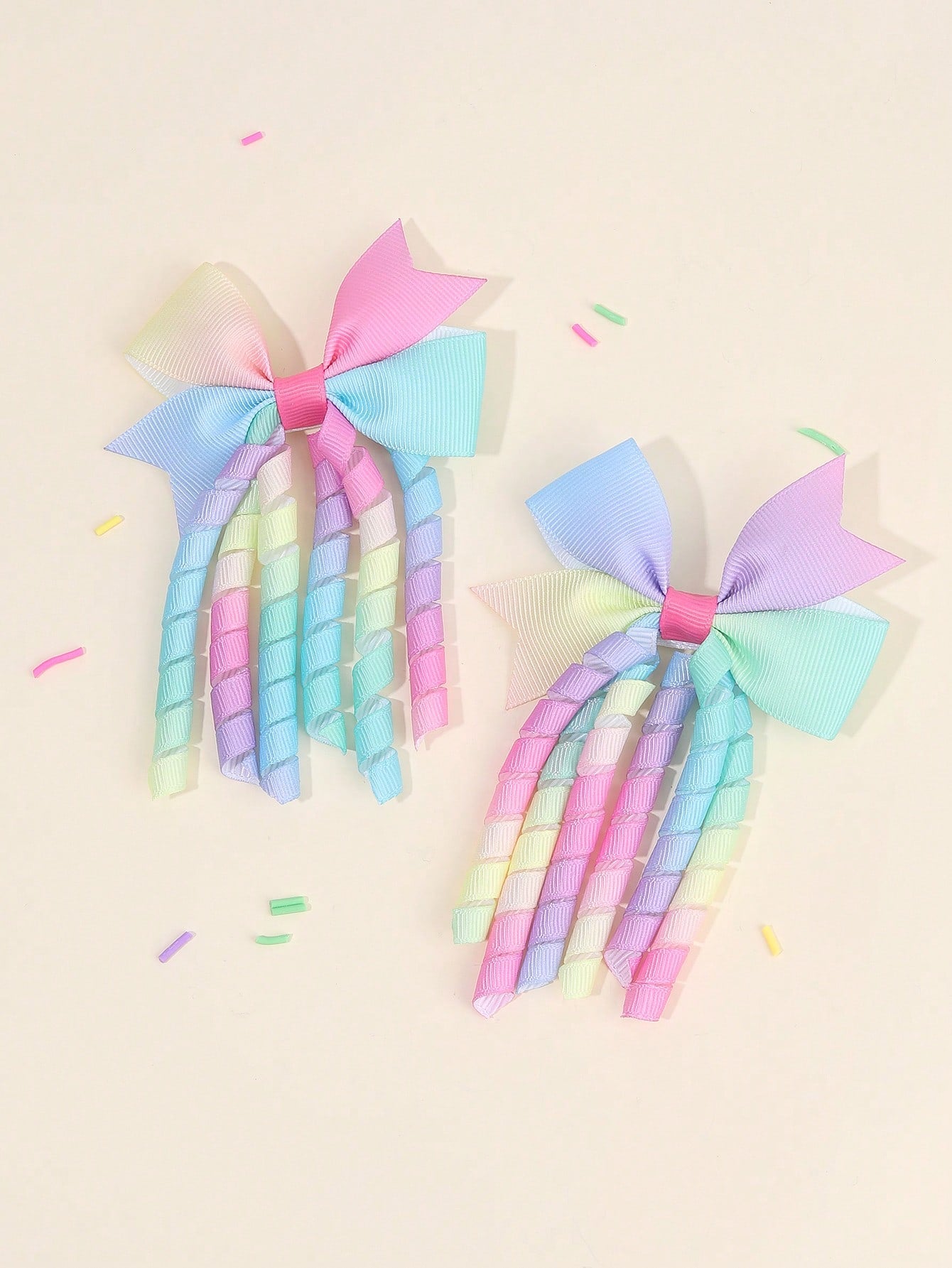 2pcs Rainbow Curly Hair Clips, Suitable For Baby Girls, Ombre Curly Bow Design, Alligator Clips, Delicate Elegant Hair Accessories, Toddler Girls Bow Hair Clips, Random Gradient Children Infant Hair D