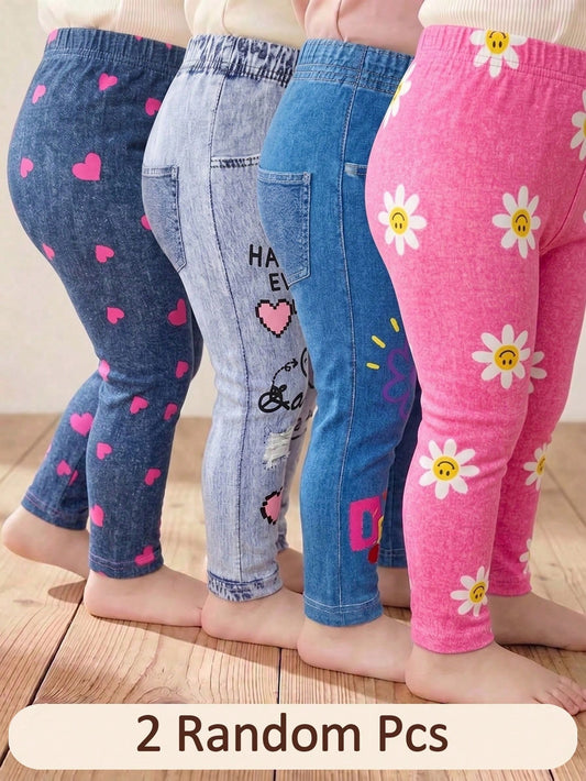 2pcs Random Baby Girls Leggings, Casual Versatile Soft Cute Heart, Face, Cherry And Flower Pattern, Suitable For Spring, Summer, Autumn Casual Wear, Multi-Color Sweet Cute Printed Leggings Long Pants