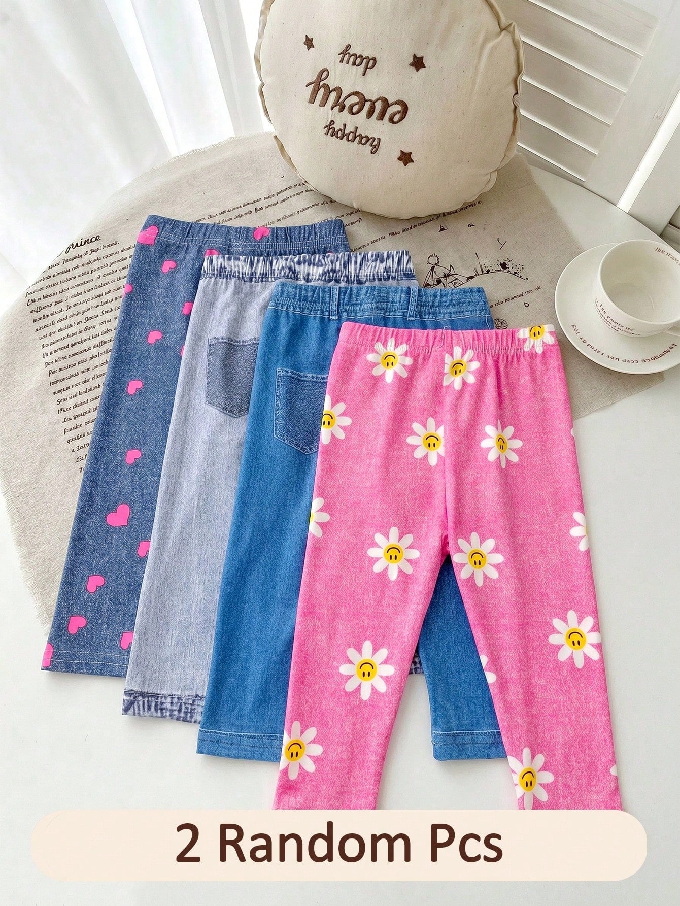 2pcs Random Baby Girls Leggings, Casual Versatile Soft Cute Heart, Face, Cherry And Flower Pattern, Suitable For Spring, Summer, Autumn Casual Wear, Multi-Color Sweet Cute Printed Leggings Long Pants