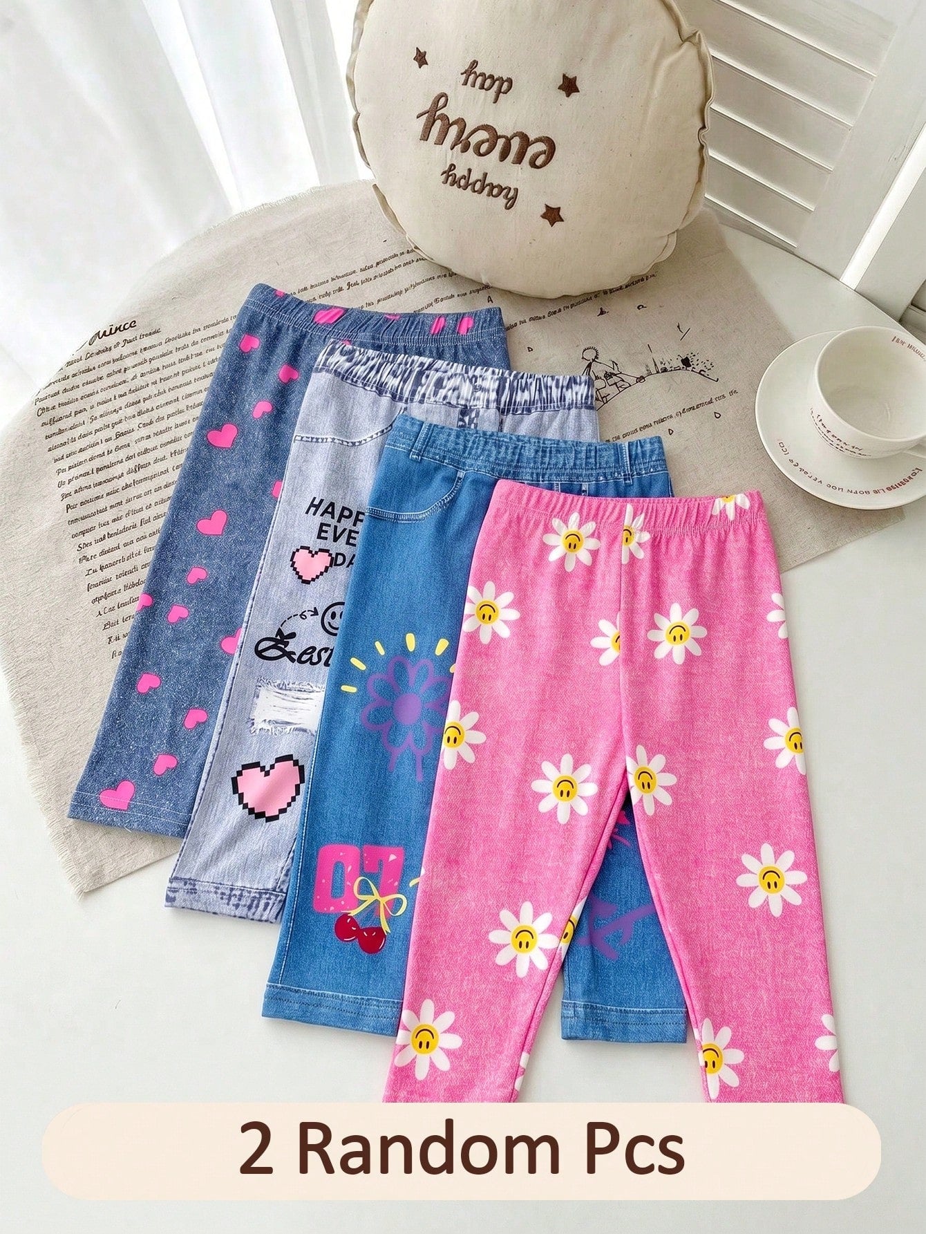 2pcs Random Baby Girls Leggings, Casual Versatile Soft Cute Heart, Face, Cherry And Flower Pattern, Suitable For Spring, Summer, Autumn Casual Wear, Multi-Color Sweet Cute Printed Leggings Long Pants