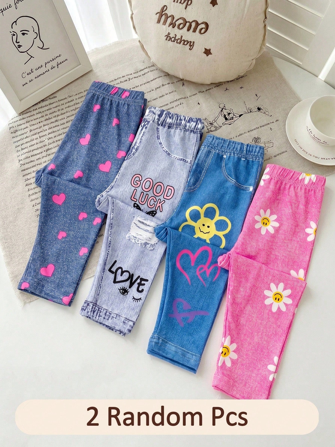 2pcs Random Baby Girls Leggings, Casual Versatile Soft Cute Heart, Face, Cherry And Flower Pattern, Suitable For Spring, Summer, Autumn Casual Wear, Multi-Color Sweet Cute Printed Leggings Long Pants